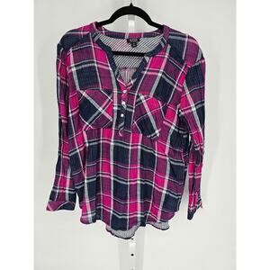 a.n.a Women Multicolor Plaid Long Sleeve Collar Half Button Pullover Top Size M